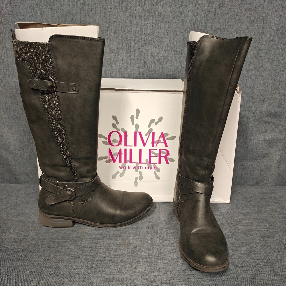 OLIVIA MILLER Womens Black Knee High Boots Size 9 Side Buckle & Zipper